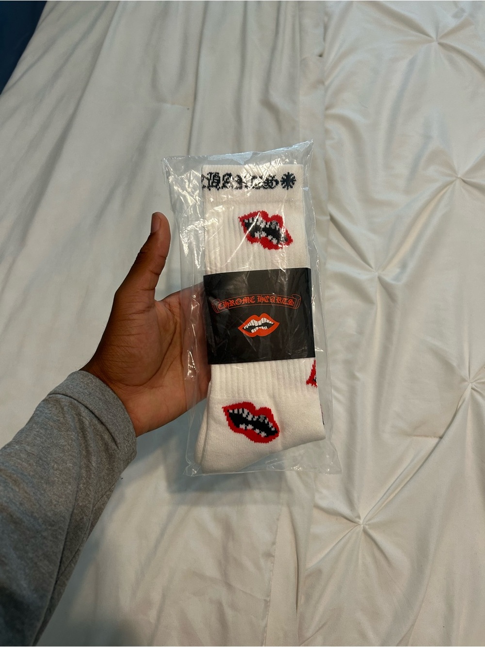 Chrome Hearts White Crew Socks with Red & Black Lip Motif